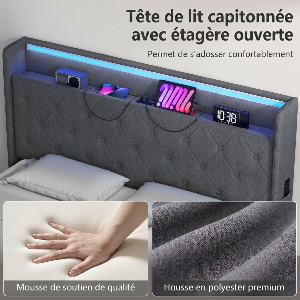 Lit coffre 140 x 190 cm gris, éclairage LED et station de charge USB