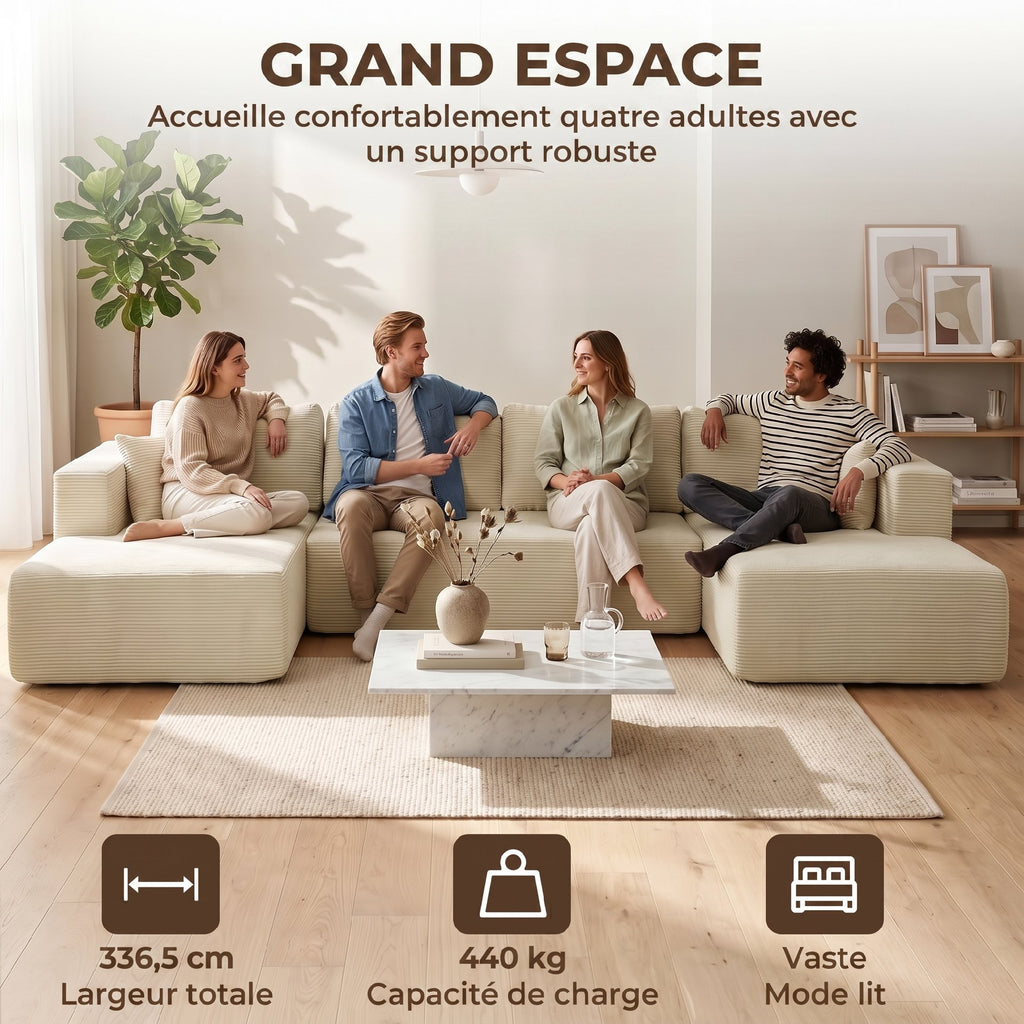 Canapé modulaire en U convertible 4 places en velours côtelé crème, 337 cm