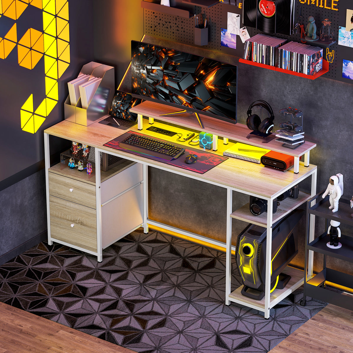 Bureau d'ordinateur bureau lumières LED réglables 2 prises ports USB tiroirs étagères 155,5x48x88,5cm effet bois naturel