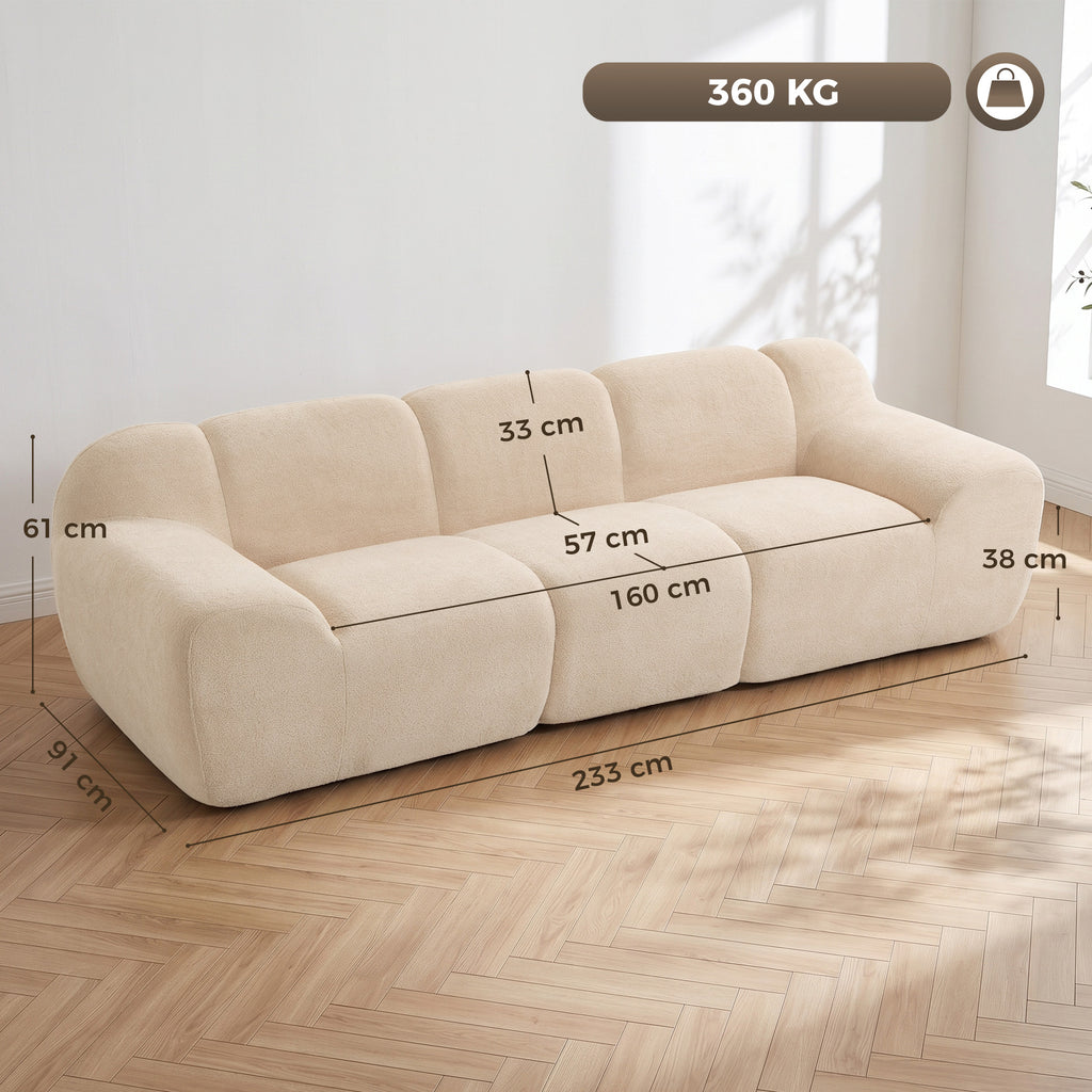 Canapé 3 places en chenille beige, forme nuage, 233 cm