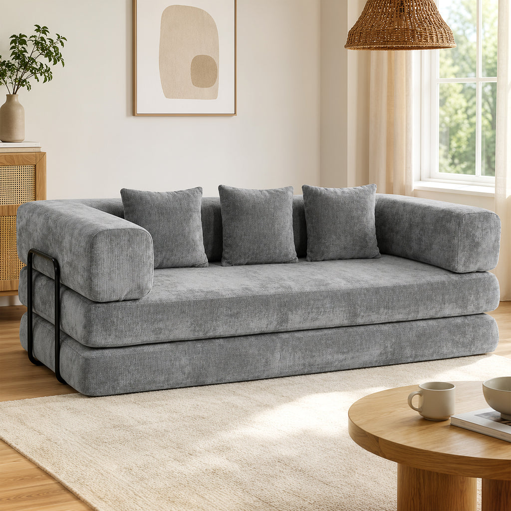 Canapé convertible 3 places en chenille gris, 205 cm