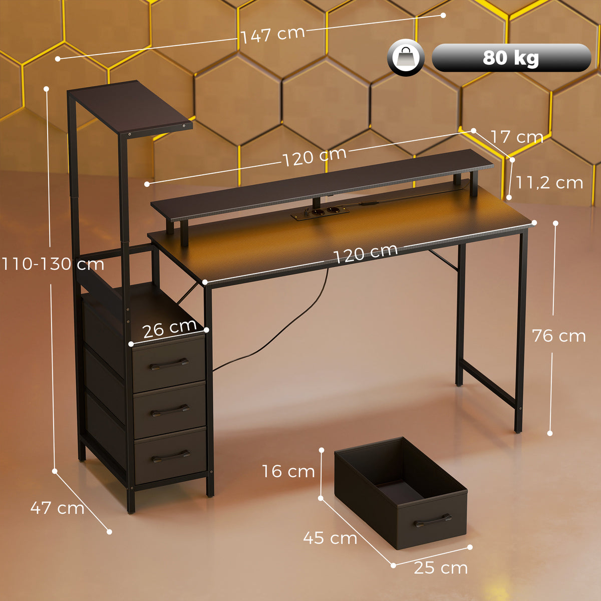 Bureau gaming 147 cm avec éclairage RGB et station de charge, noir