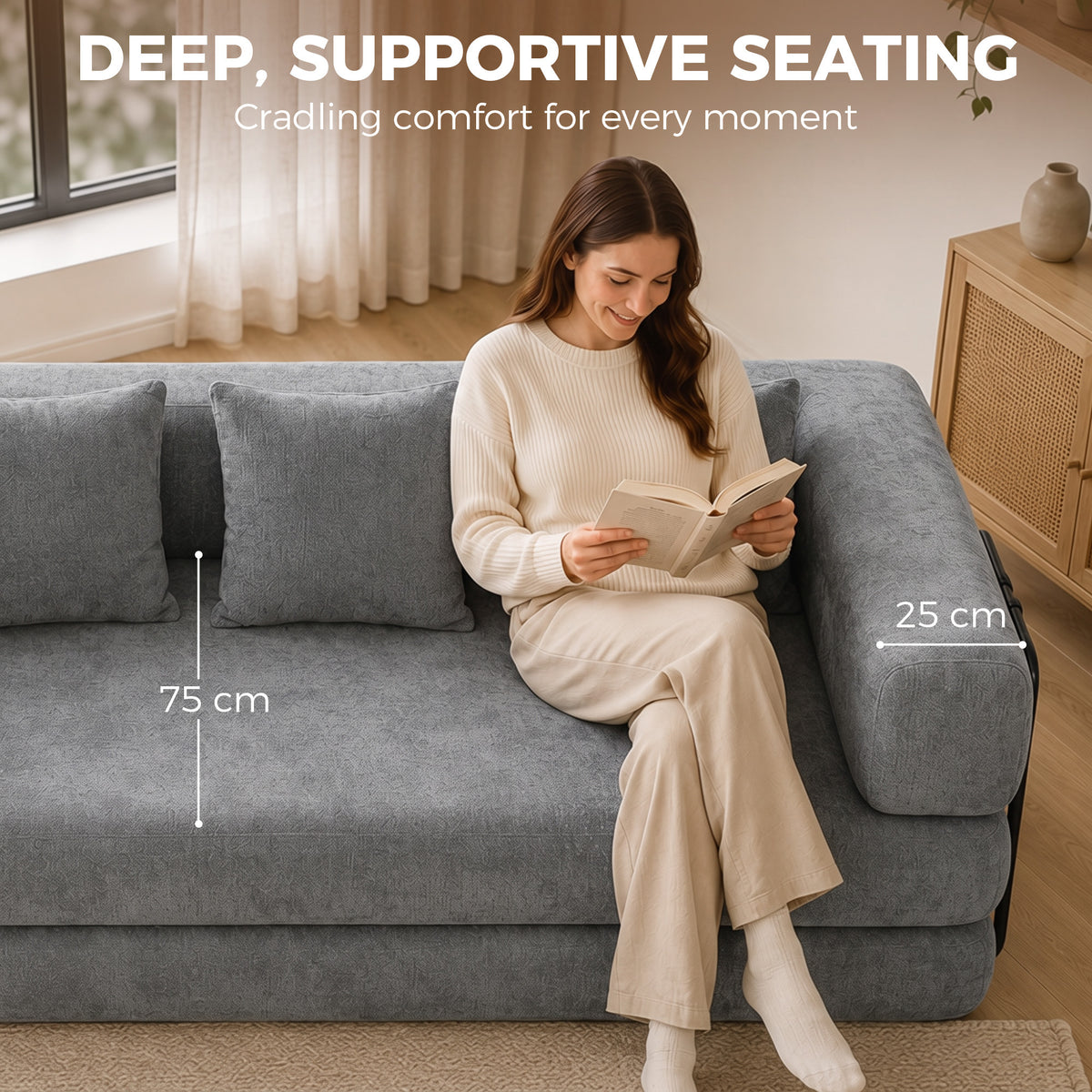 Canapé convertible 3 places en chenille gris, 205 cm