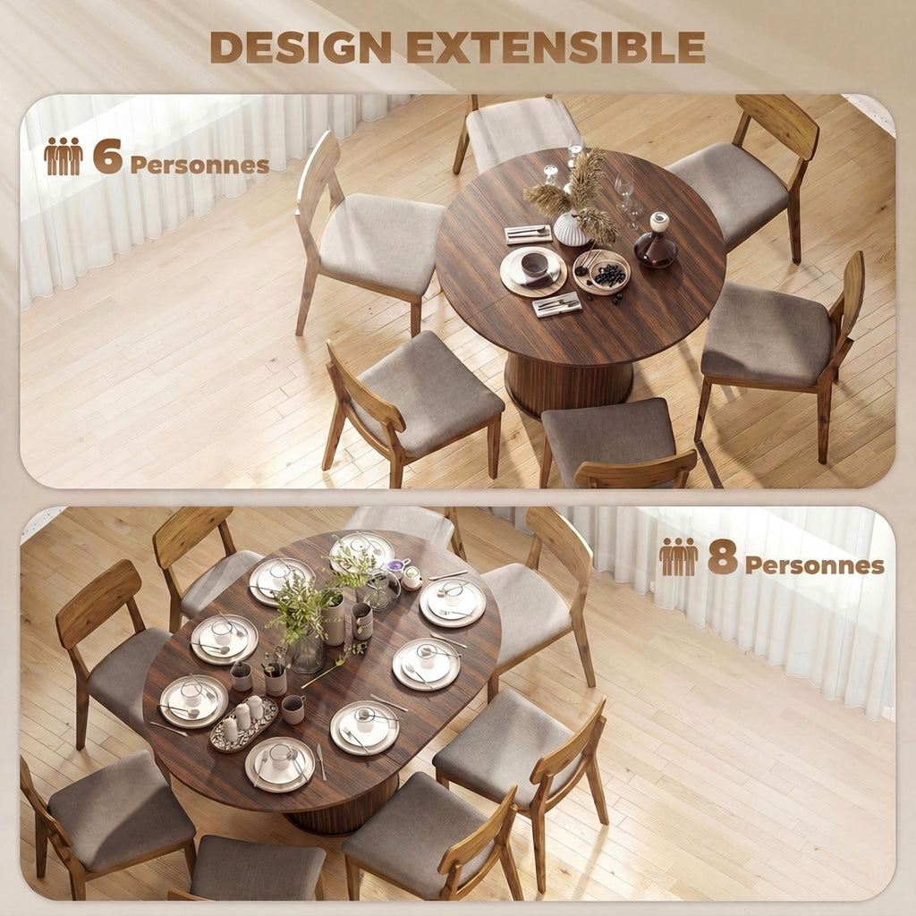 Table à manger extensible 6 à 8 personnes en noyer, 110-150 cm