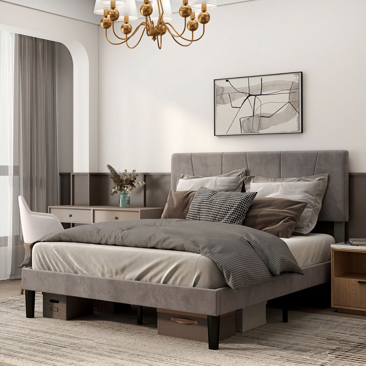 Lit double 140 x 190 cm gris effet velours, tête de lit réglable