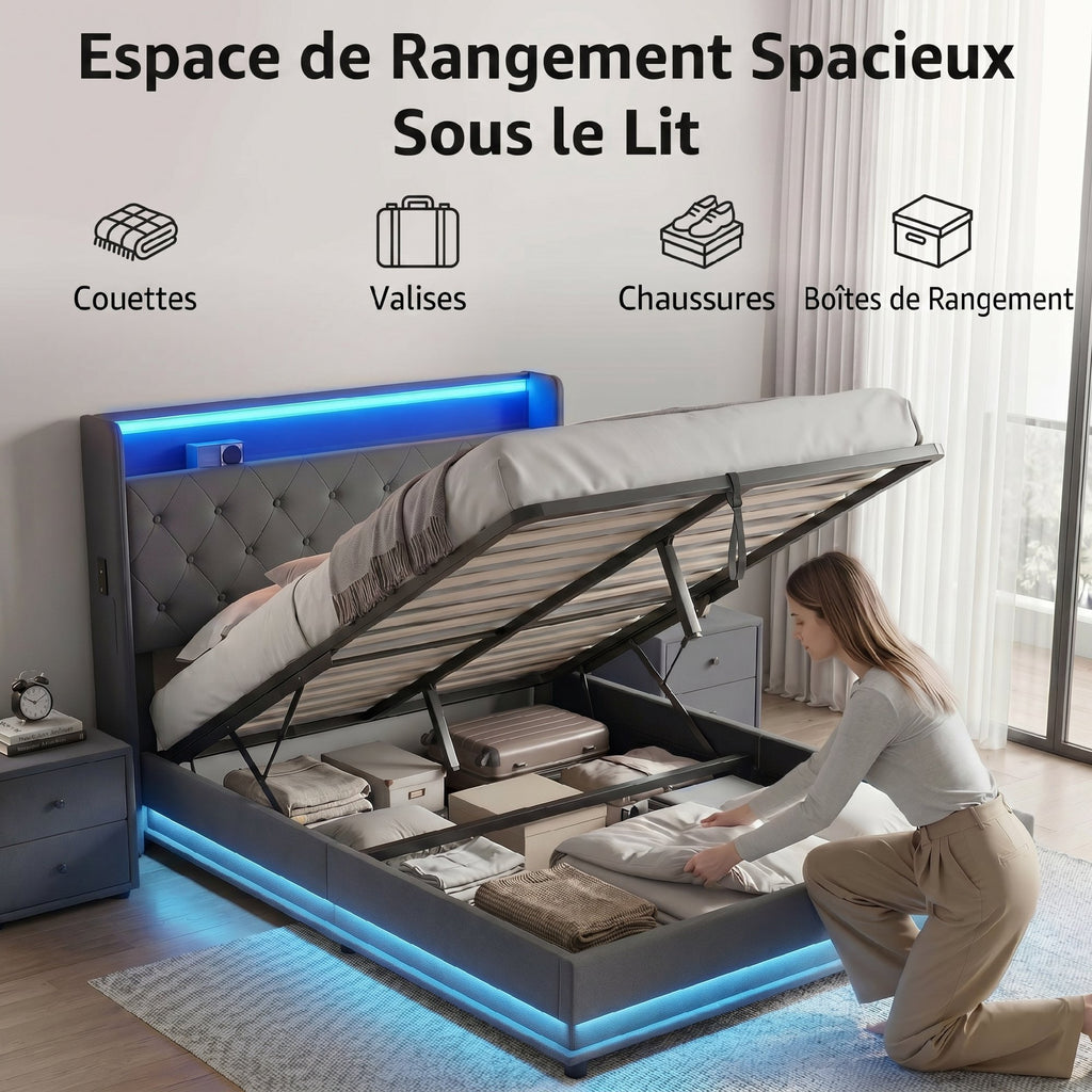 Lit coffre 140 x 190 cm gris, éclairage LED et station de charge USB