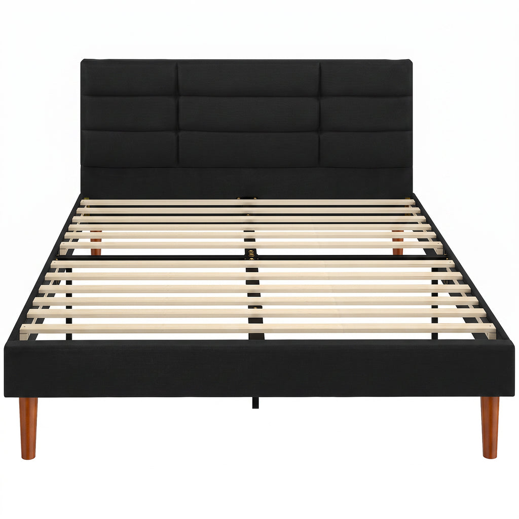 Lit double 140 x 200 cm effet lin noir, avec rangement sous le lit