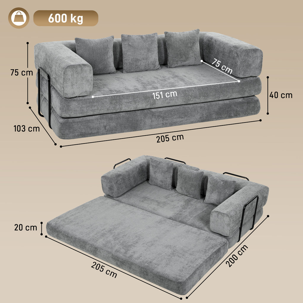 Canapé convertible 3 places en chenille gris, 205 cm