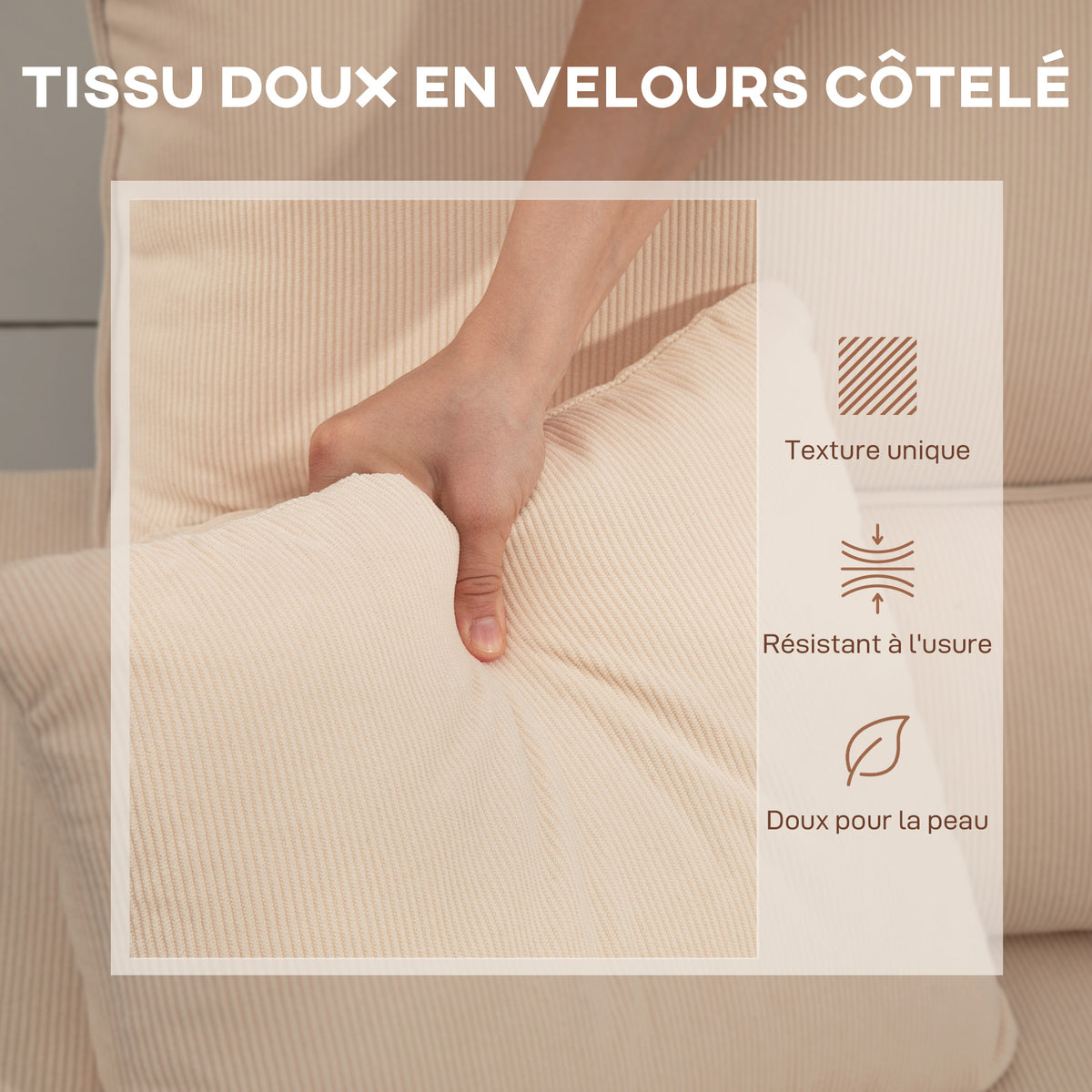 Canapé d'angle convertible 3 places en velours côtelé beige, 205 cm