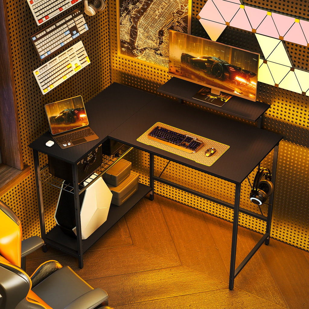 Bureau gaming d'angle réversible avec support écran, 114,5 cm, noir