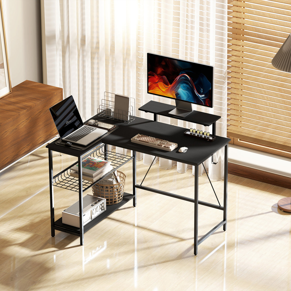 Bureau gaming d'angle réversible avec support écran, 114,5 cm, noir