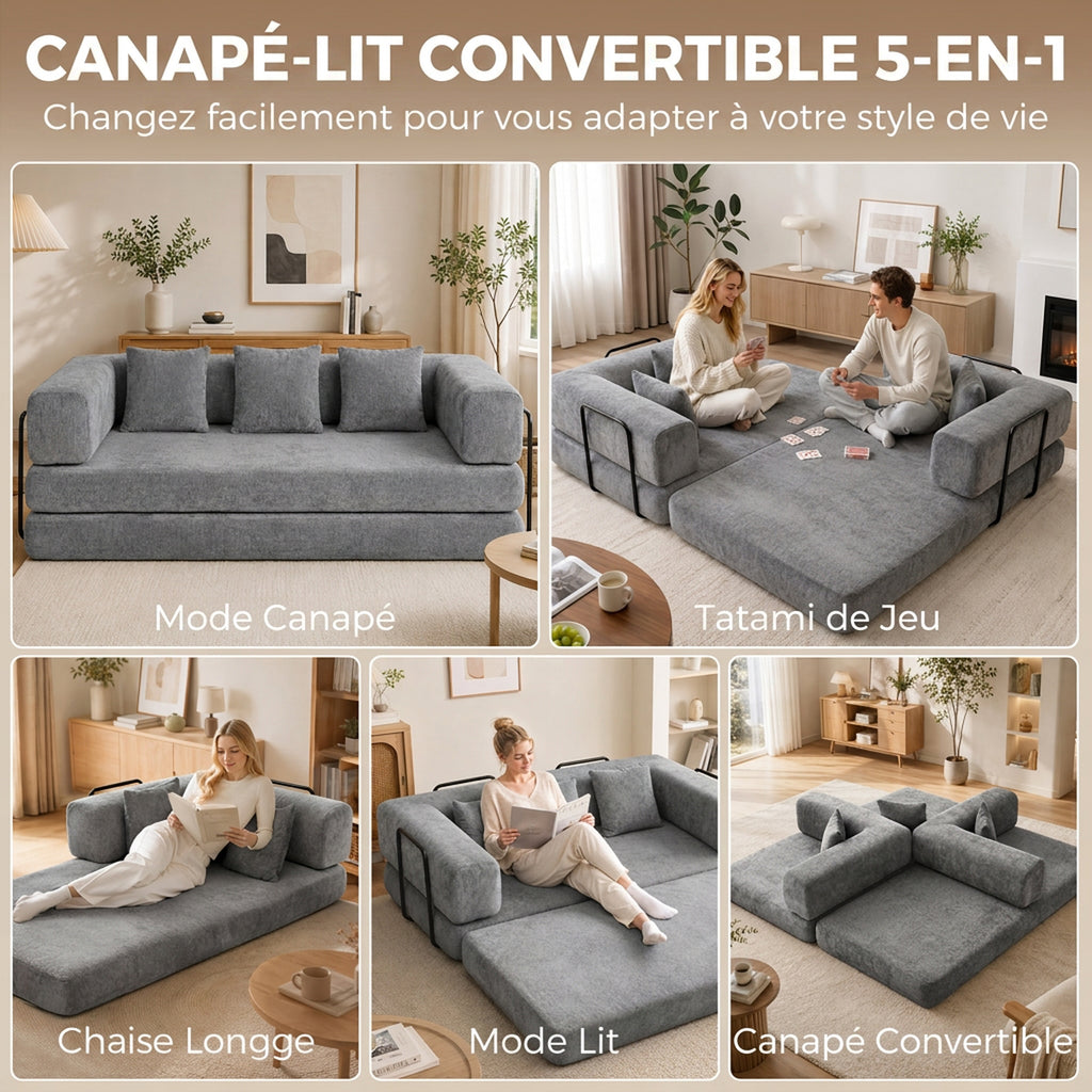 Canapé convertible 3 places en chenille gris, 205 cm