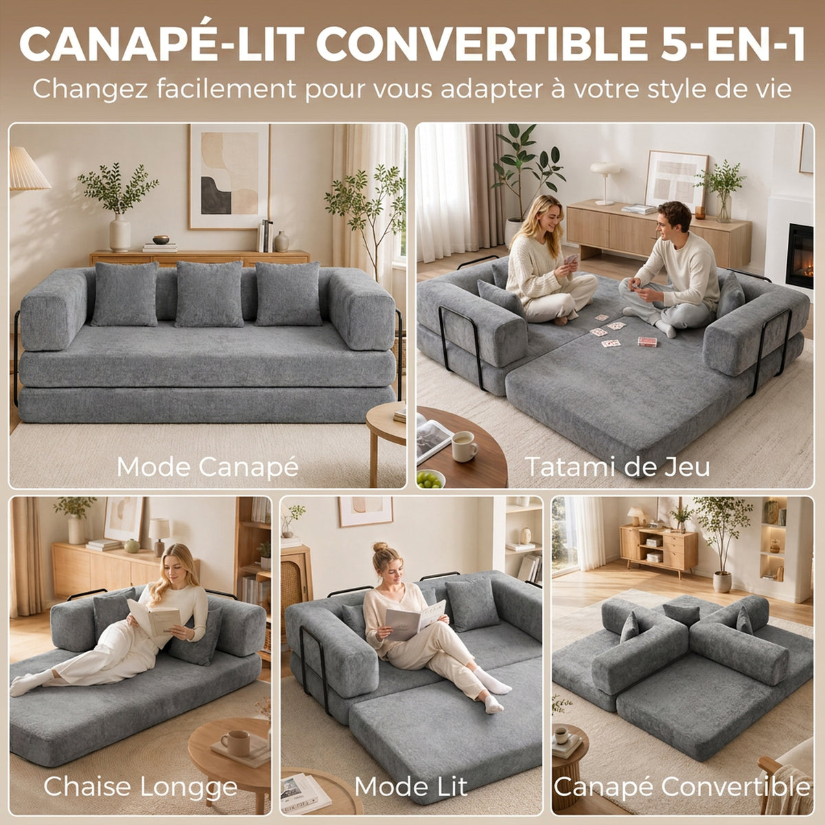 Canapé convertible 3 places en chenille gris, 205 cm
