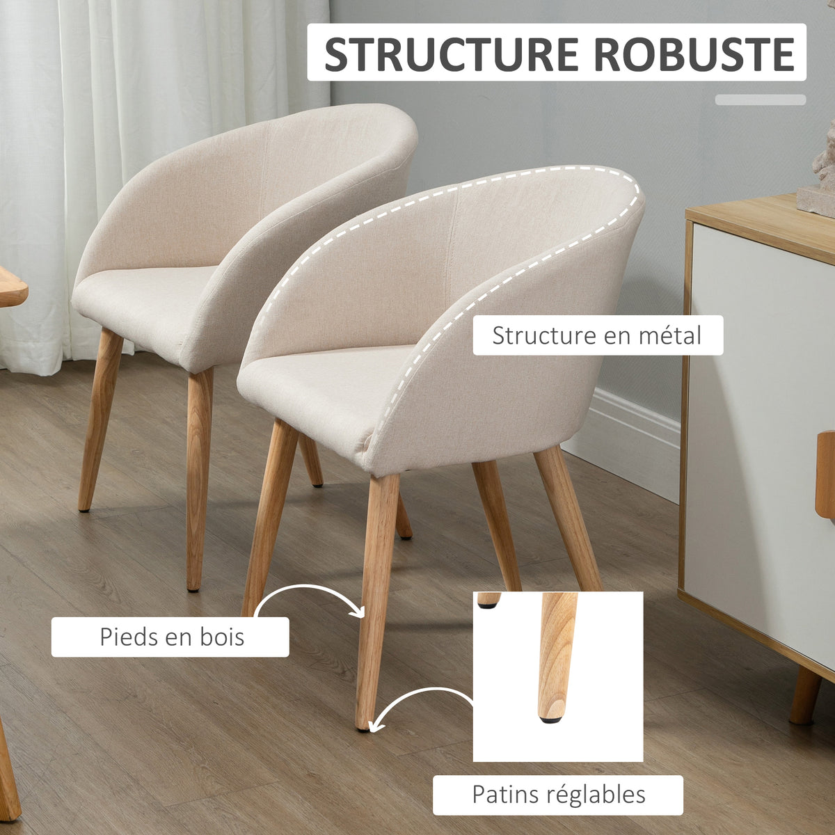 Lot de 2 chaises scandinaves aspect lin, pieds inclinés en bois d'hévéa