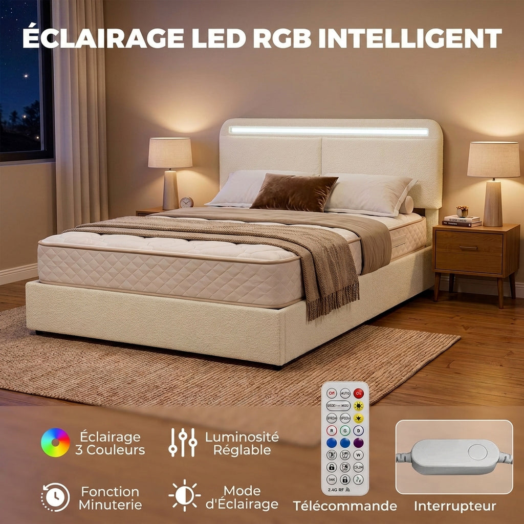 Lit coffre 140 x 190 cm en velours crème, LED RGB et rangement