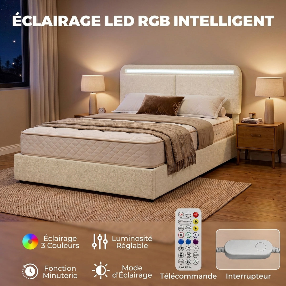 Lit coffre 140 x 190 cm en velours crème, LED RGB et rangement