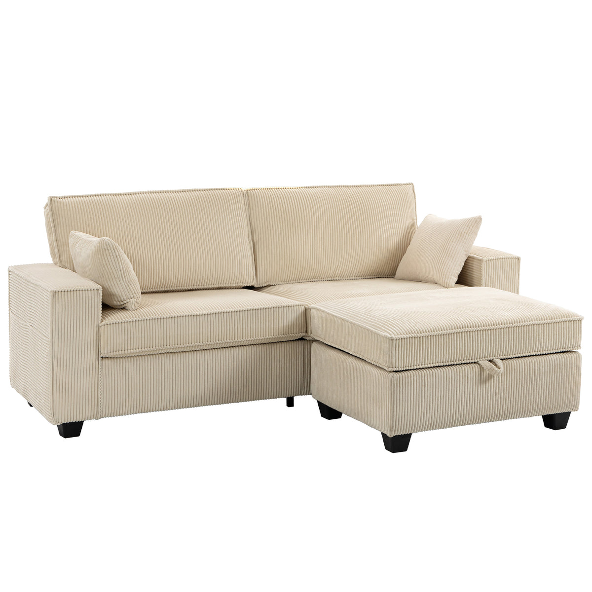 Canapé d'angle 3 places en velours côtelé beige avec pouf de rangement