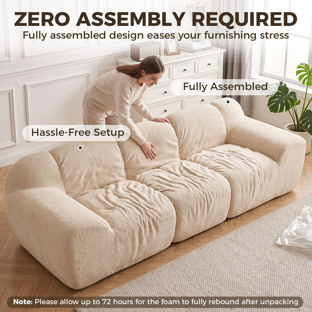 Canapé 3 places en chenille beige, forme nuage, 233 cm