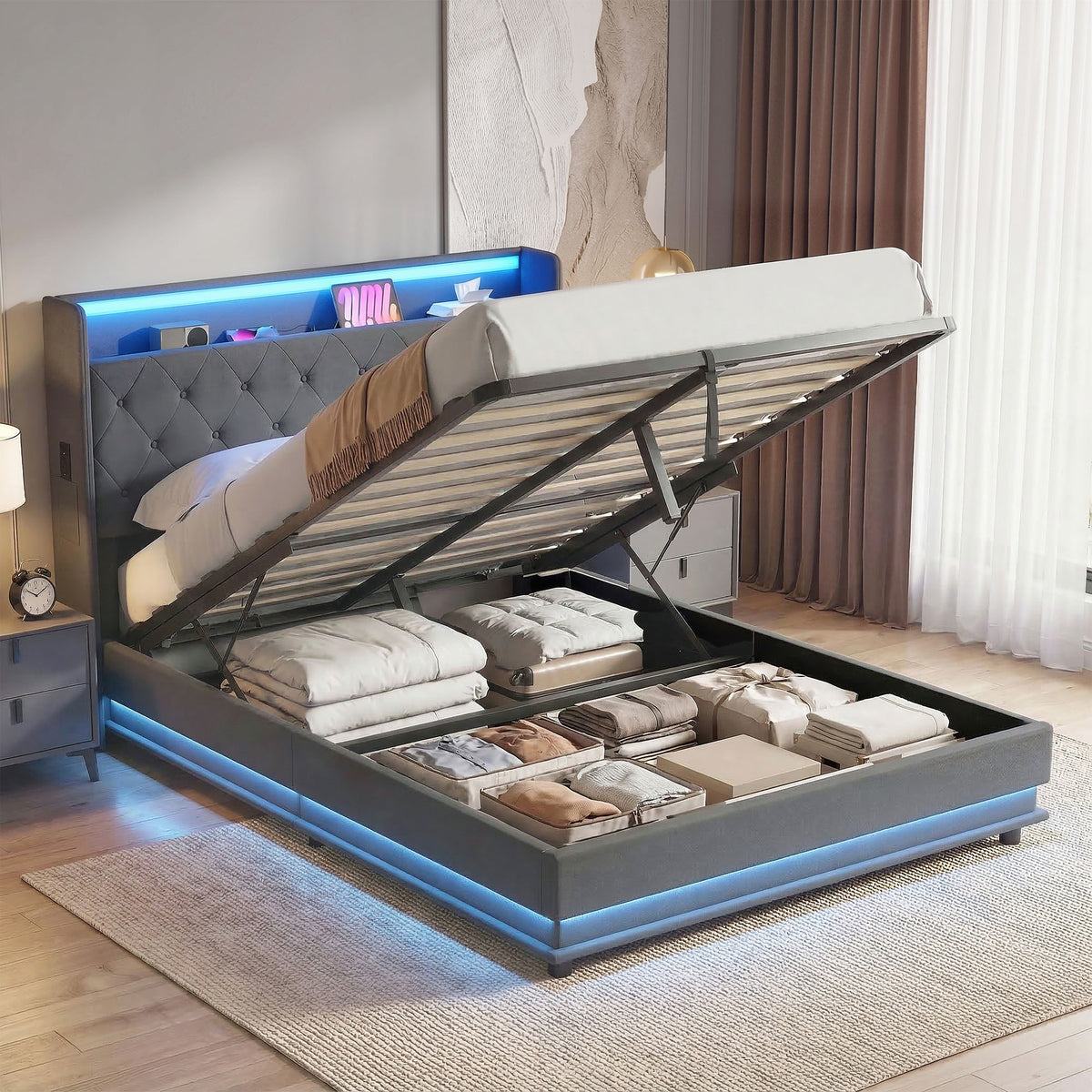 Lit coffre 140 x 190 cm gris, éclairage LED et station de charge USB