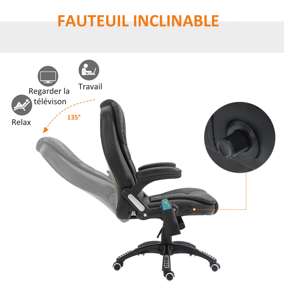 Fauteuil de bureau massant et chauffant électrique fauteuil bureau ergonomique revêtement synthétique noir