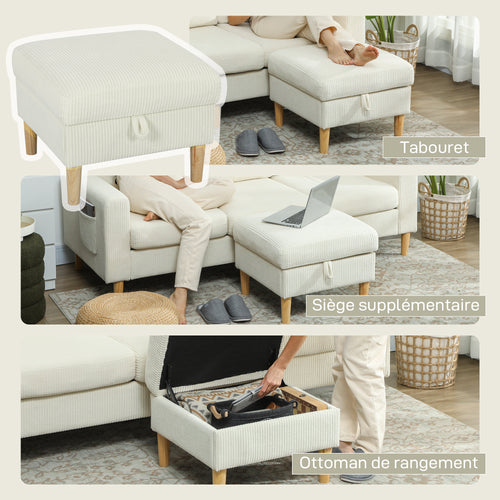 Canapé 3 places en velours côtelé beige avec repose-pieds, 192 cm