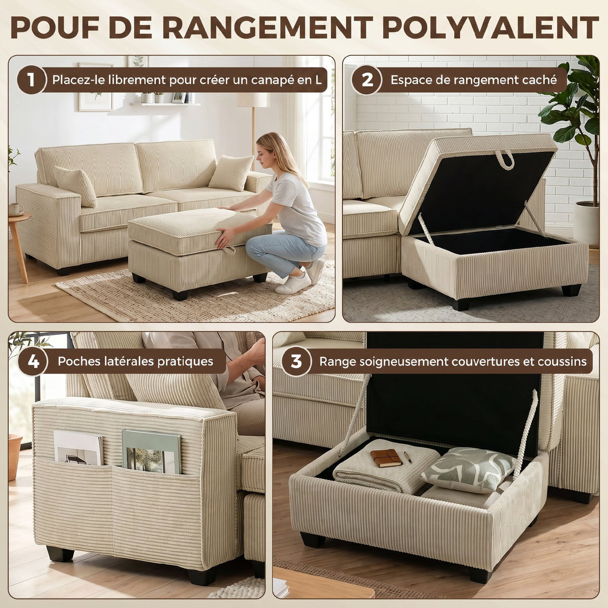Canapé d'angle 3 places en velours côtelé beige avec pouf de rangement