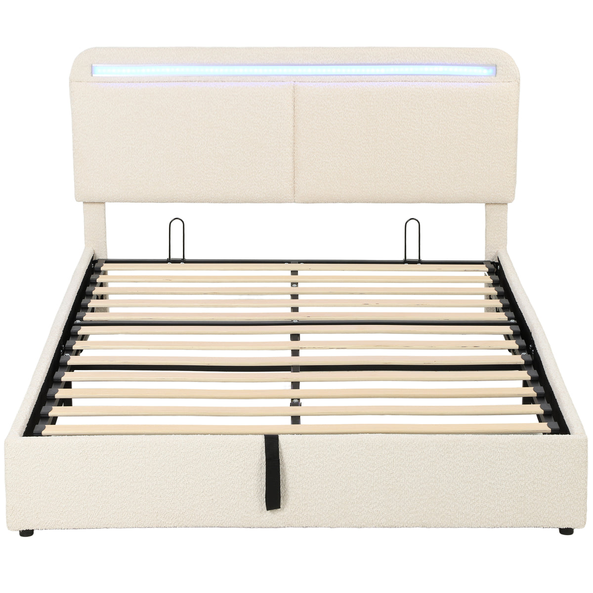 Lit coffre 140 x 190 cm en velours crème, LED RGB et rangement