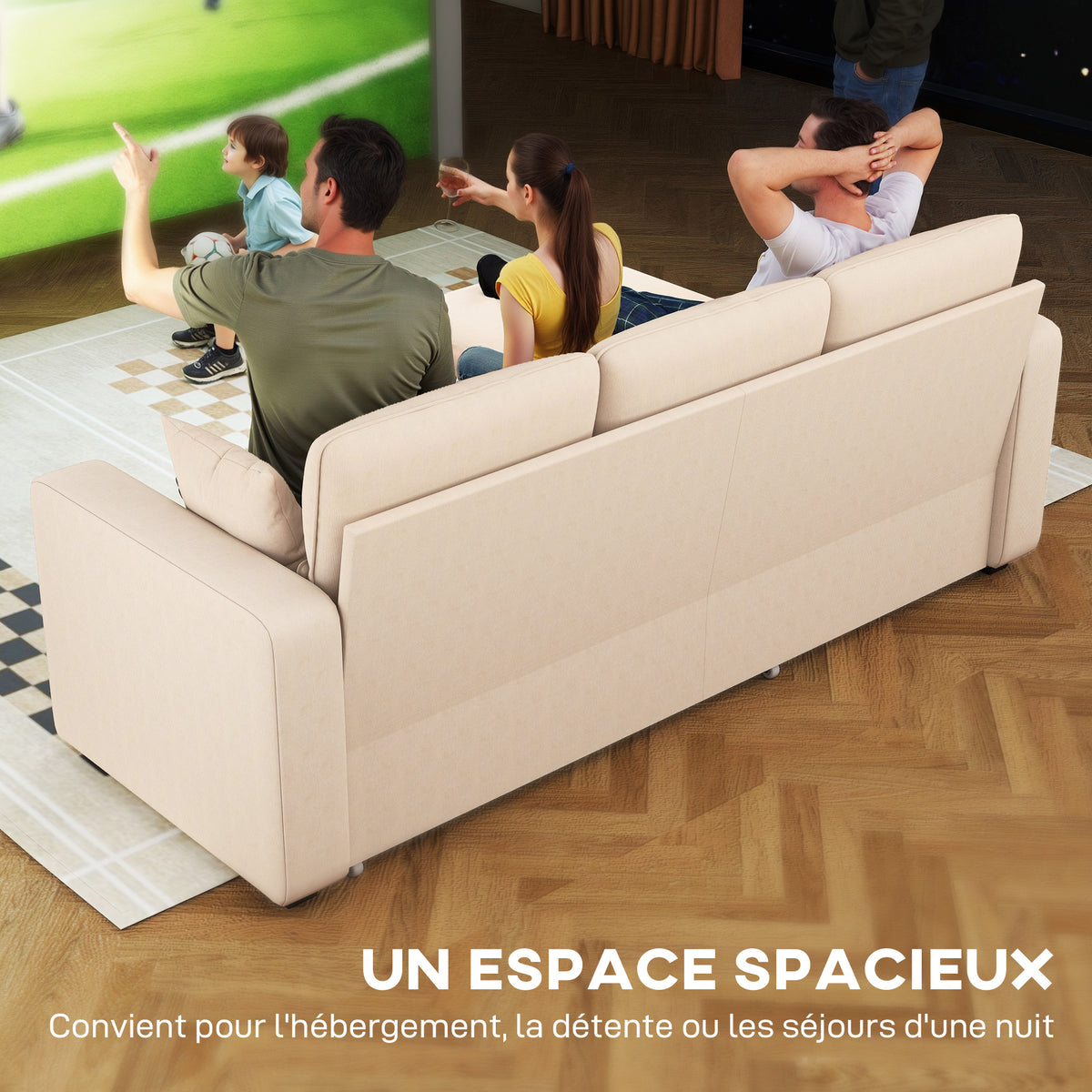 Canapé d'angle convertible 3 places en velours côtelé beige, 205 cm