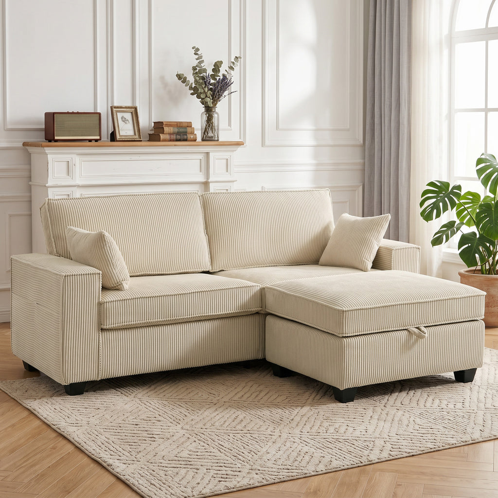 Canapé d'angle 3 places en velours côtelé beige avec pouf de rangement