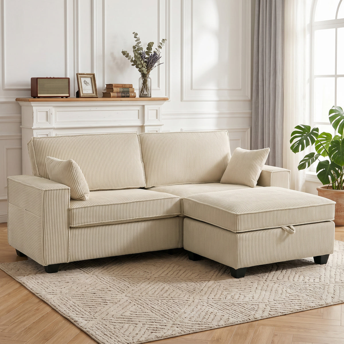 Canapé d'angle 3 places en velours côtelé beige avec pouf de rangement