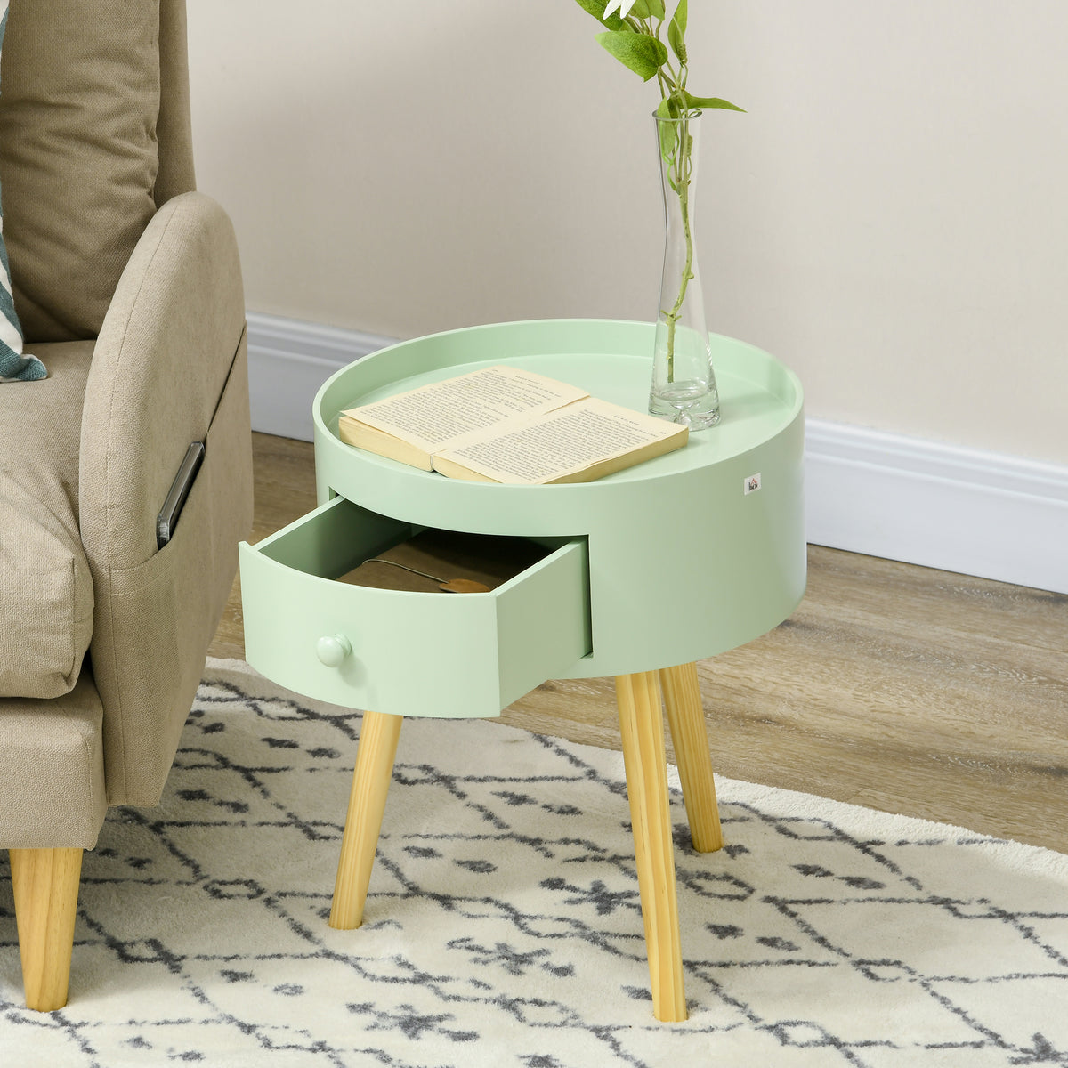 Table basse ronde scandinave chêne clair et blanc avec tiroir