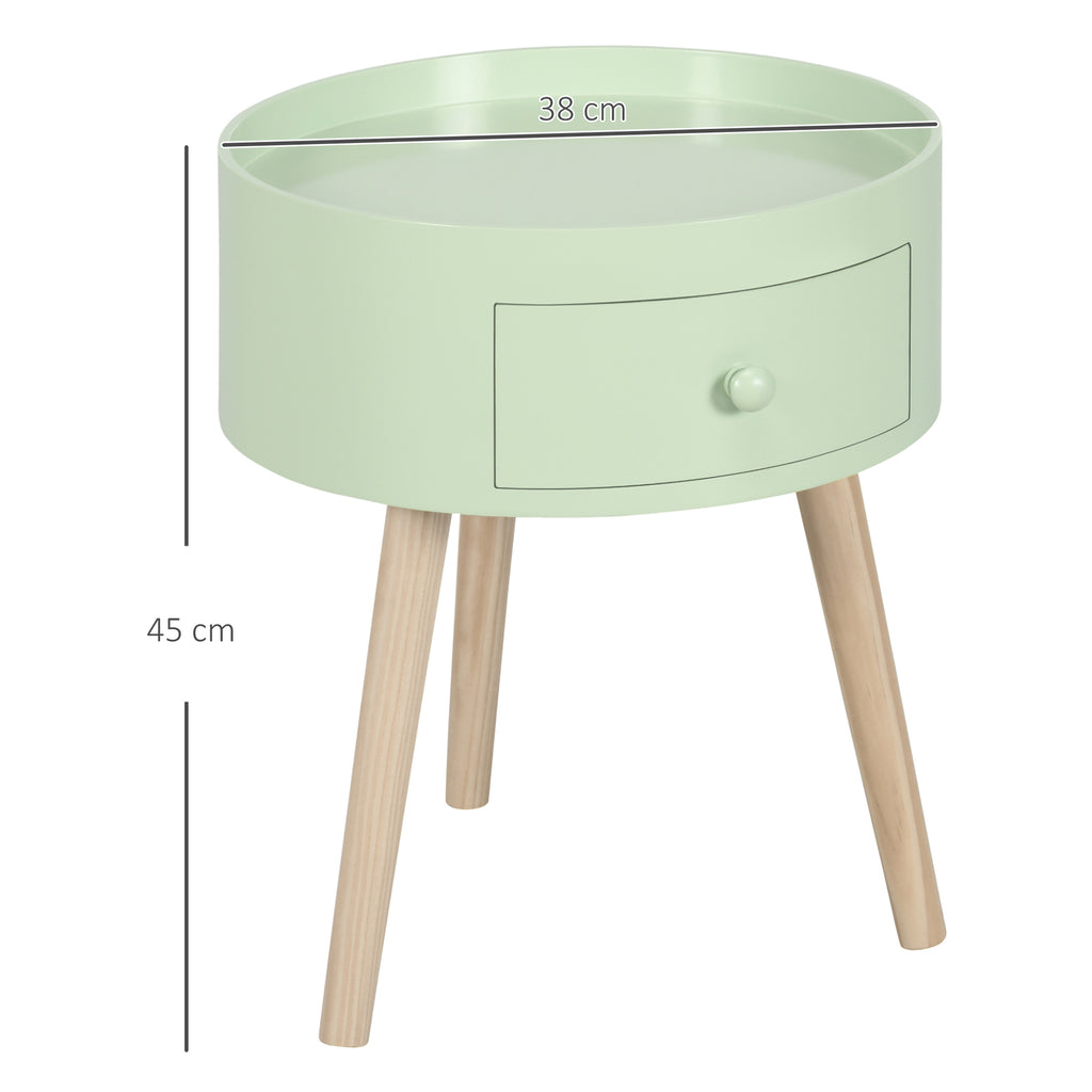 Table basse ronde scandinave chêne clair et blanc avec tiroir