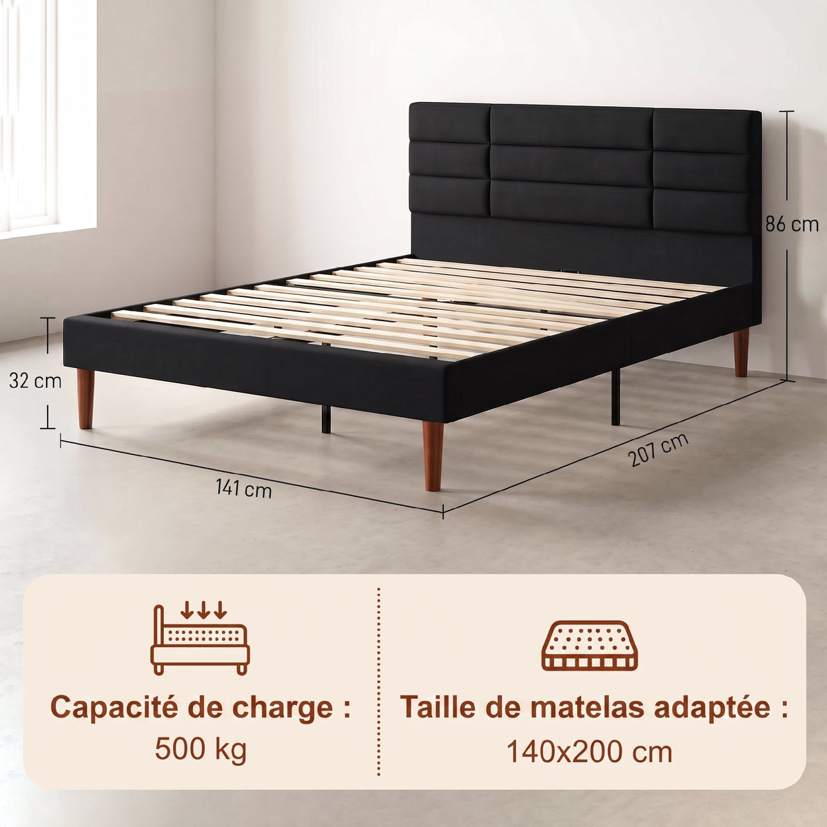Lit double 140 x 200 cm effet lin noir, avec rangement sous le lit
