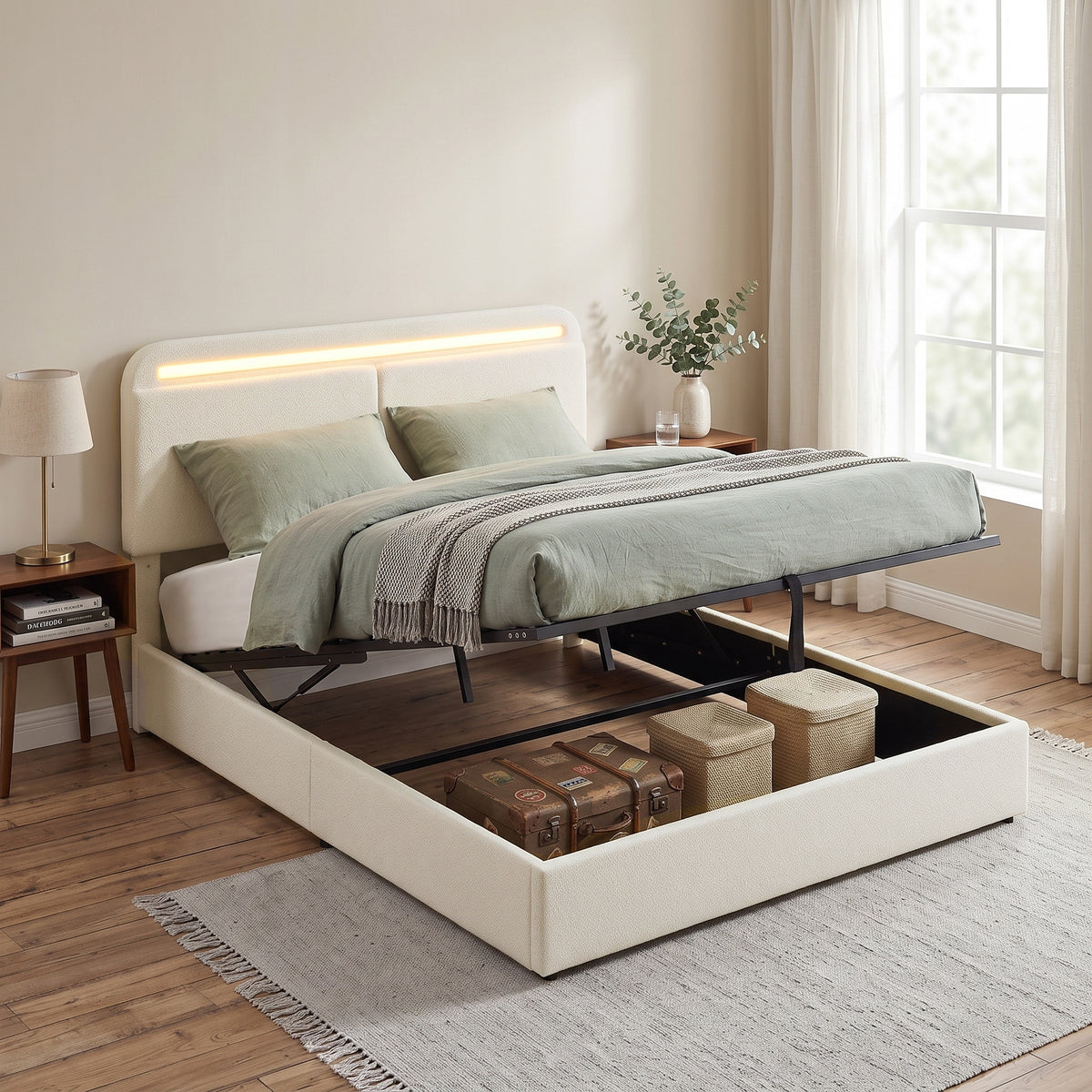 Lit coffre 140 x 190 cm en velours crème, LED RGB et rangement