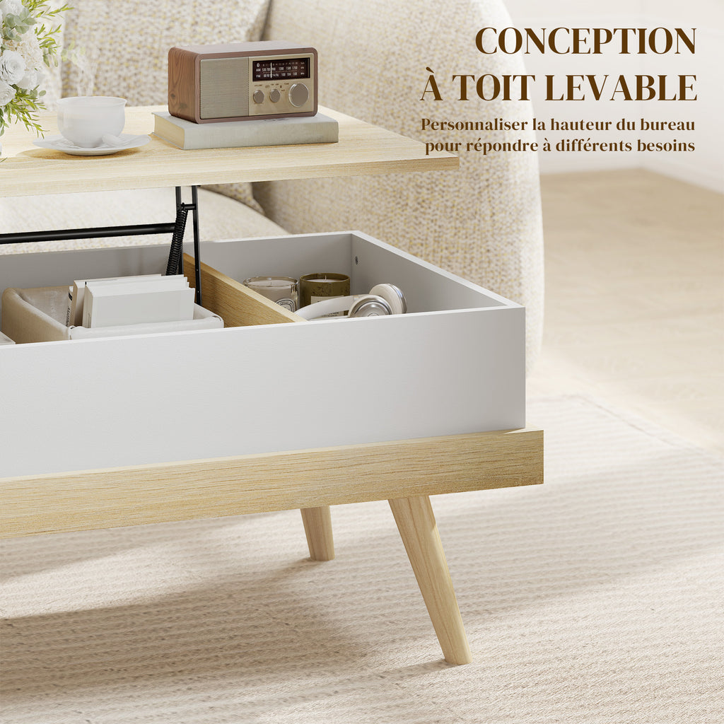 Table basse relevable avec 3 compartiments cachés, naturel et blanc