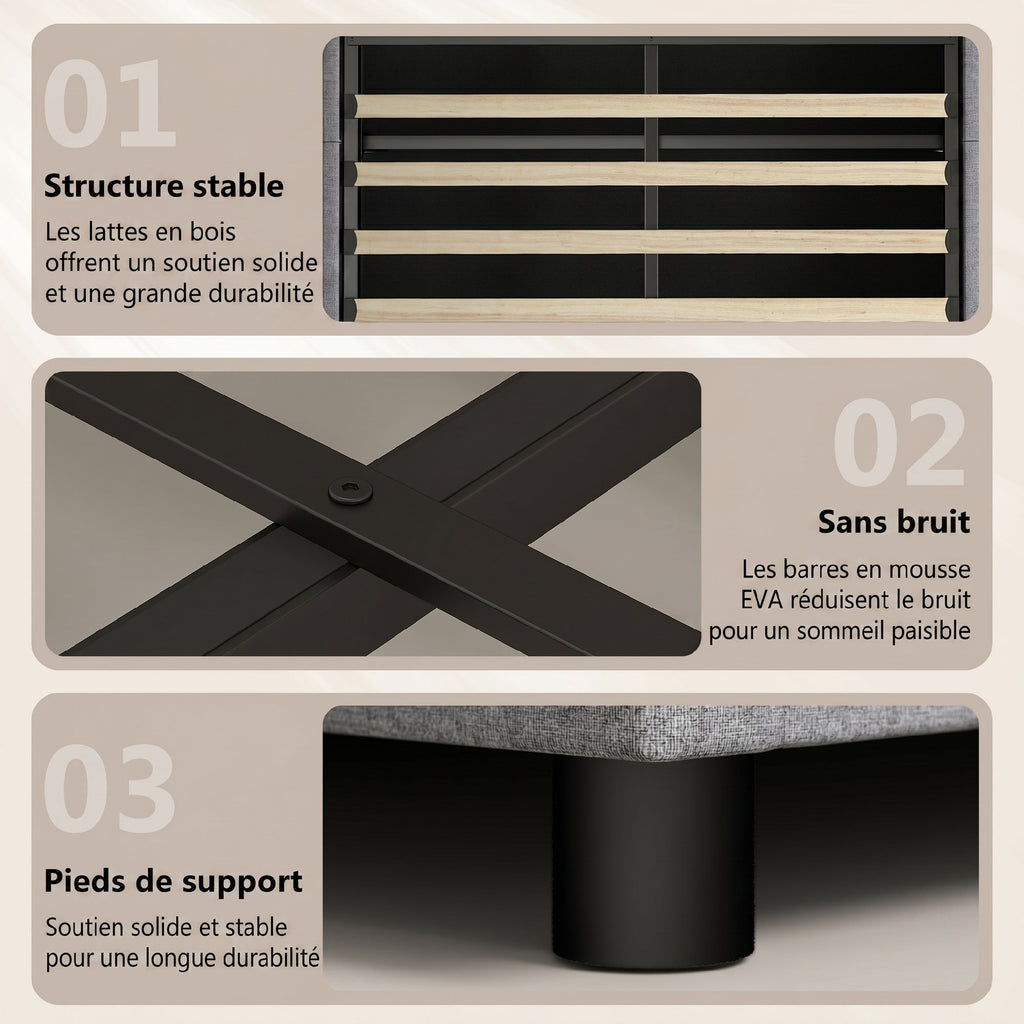 Lit coffre 140 x 190 cm gris, éclairage LED et station de charge USB