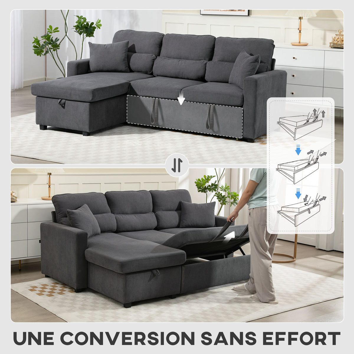 Canapé d'angle convertible 3 places en velours côtelé gris, 205 cm