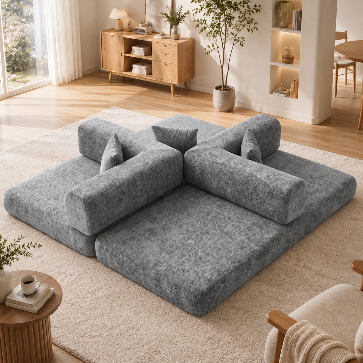 Canapé convertible 3 places en chenille gris, 205 cm
