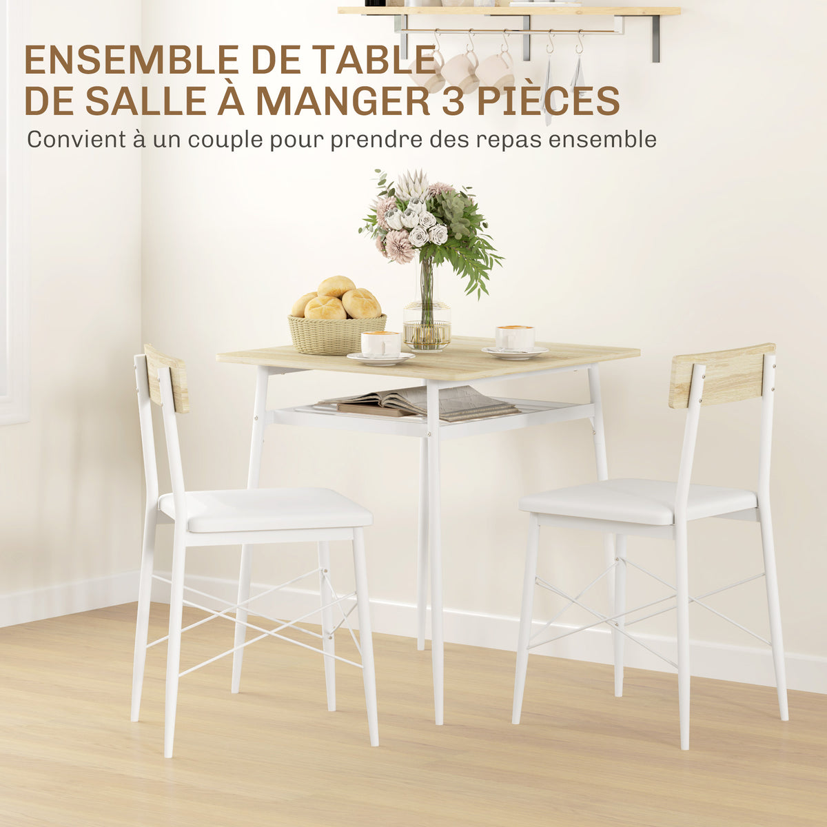 Ensemble table et 2 chaises encastrables, blanc et chêne