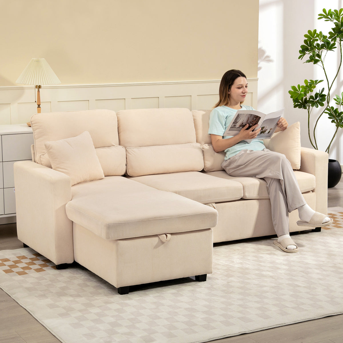Canapé d'angle convertible 3 places en velours côtelé beige, 205 cm