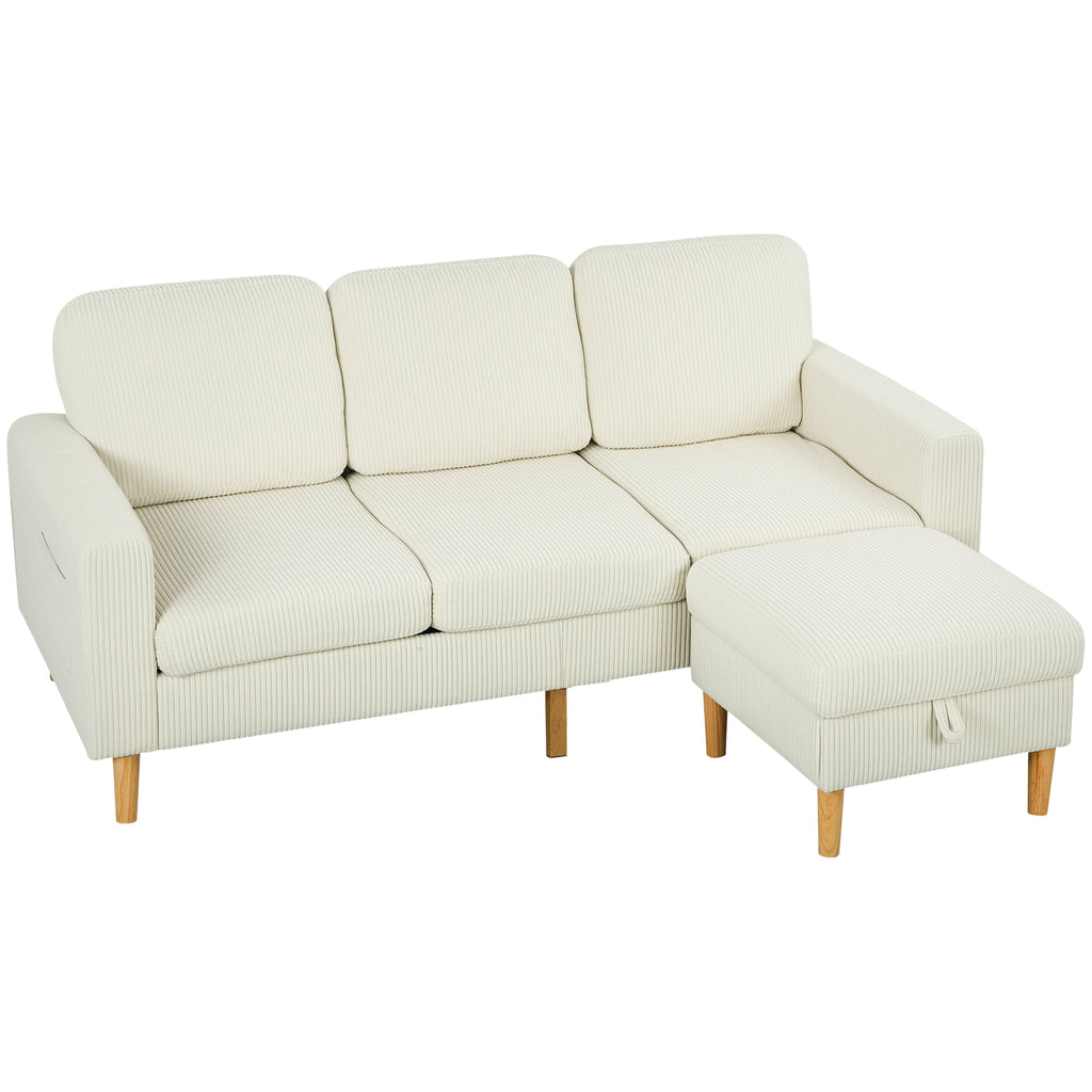 Canapé 3 places en velours côtelé beige avec repose-pieds, 192 cm