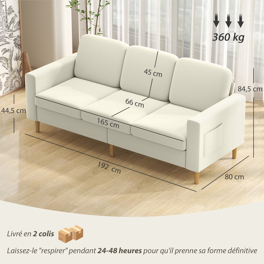 Canapé 3 places en velours côtelé beige, 192 cm