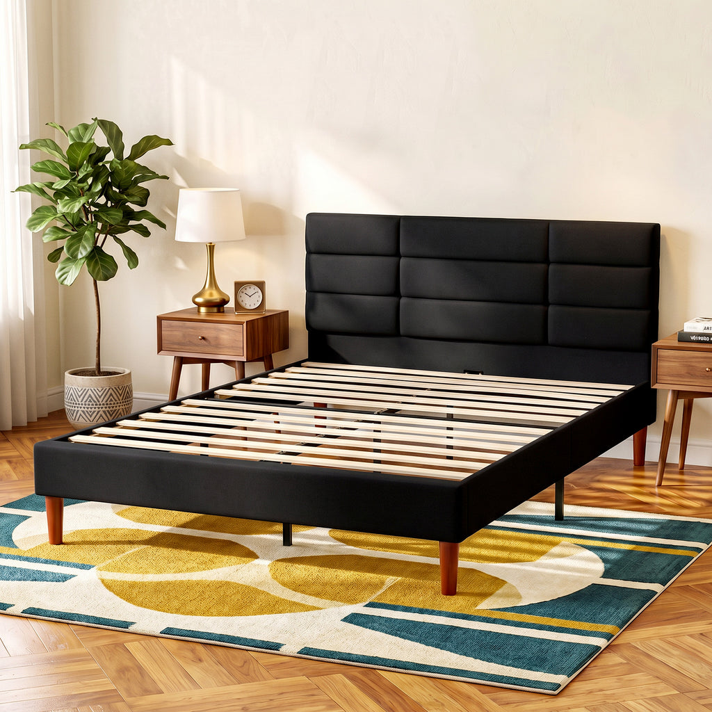 Lit double 140 x 200 cm effet lin noir, avec rangement sous le lit