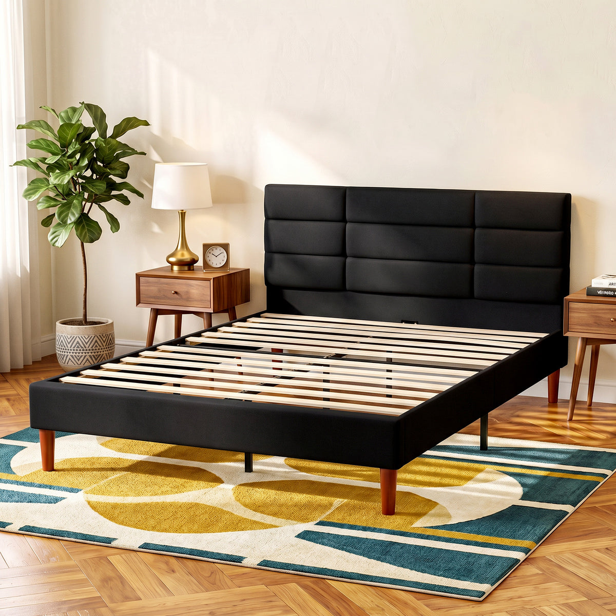 Lit double 140 x 200 cm effet lin noir, avec rangement sous le lit