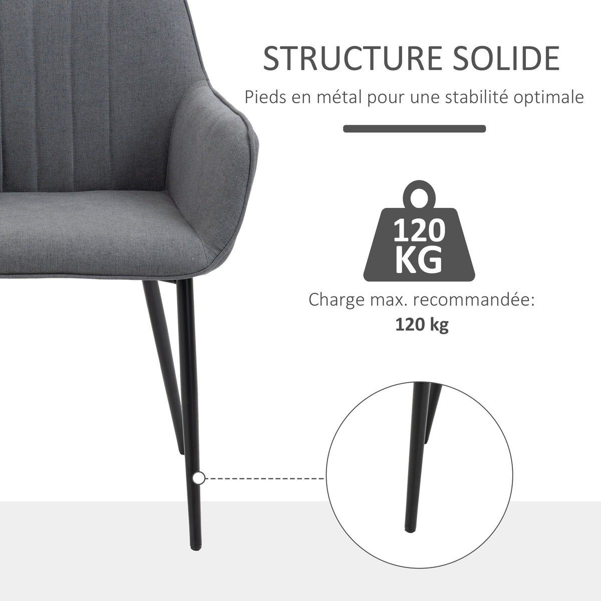 Lot de 2 chaises scandinaves en lin gris foncé, pieds effilés en métal noir