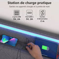 Lit coffre 140 x 190 cm gris, éclairage LED et station de charge USB