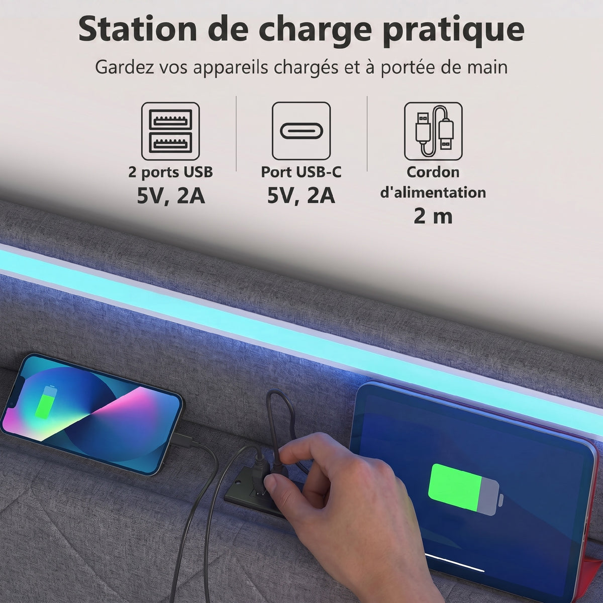 Lit coffre 140 x 190 cm gris, éclairage LED et station de charge USB