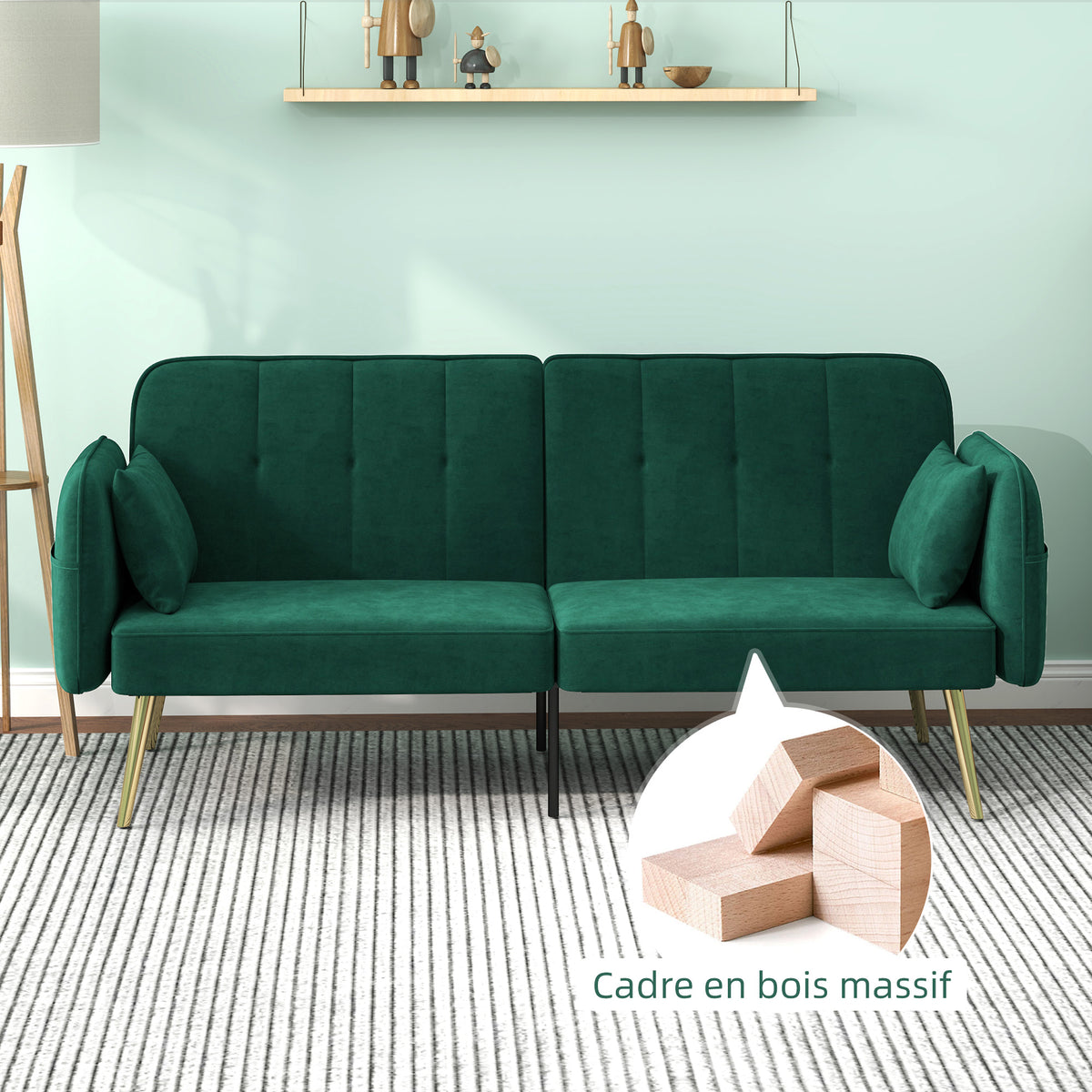 Canapé clic-clac convertible 2 places en velours vert foncé