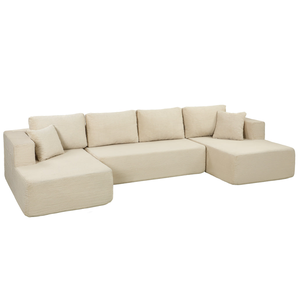 Canapé modulaire en U convertible 4 places en velours côtelé crème, 337 cm