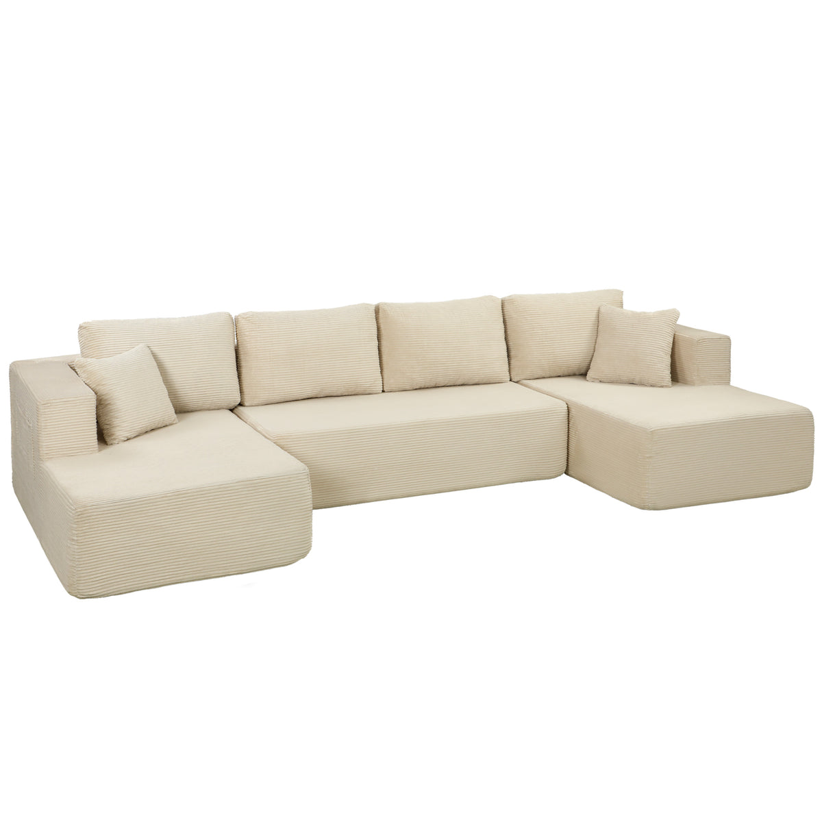 Canapé modulaire en U convertible 4 places en velours côtelé crème, 337 cm